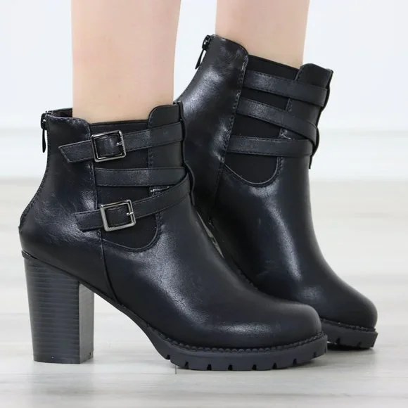 Black Ankle Boots Chunky Lug Block Heel Synthetic Leather Round Toe - Picture 2 of 12